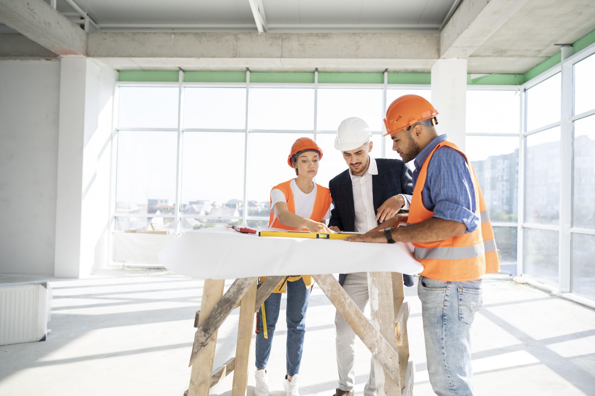 Imagem de uma casa em construo com equipe de trabalhadores felizes